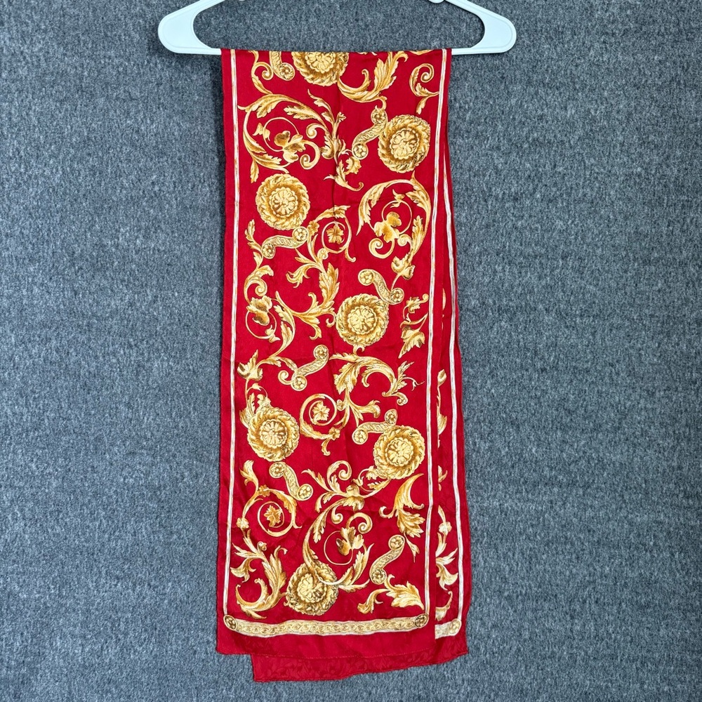 Echo Silk Vibrant Red and Gold Patterned Scarf - Picture 2 of 6